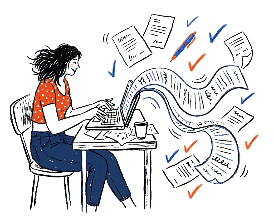 Illustration of a person writing on a laptop while note pages float around them