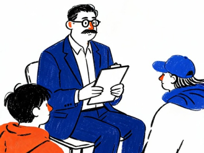 Illustration of a professor with a clipboard talking with two students