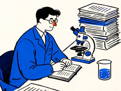 Illustration of a researcher taking notes beside a microscope and a stack of papers